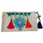 SoulStory Unique Handmade Handcrafted canvas pouch with mirror work, cowrie shells, tassels, and a metallic charm. Features a zip closure with colorful beads and a parrot charm.